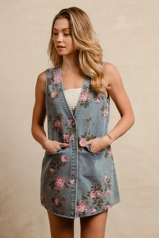 Floral Print Washed Denim Long Rider Vest, image 7