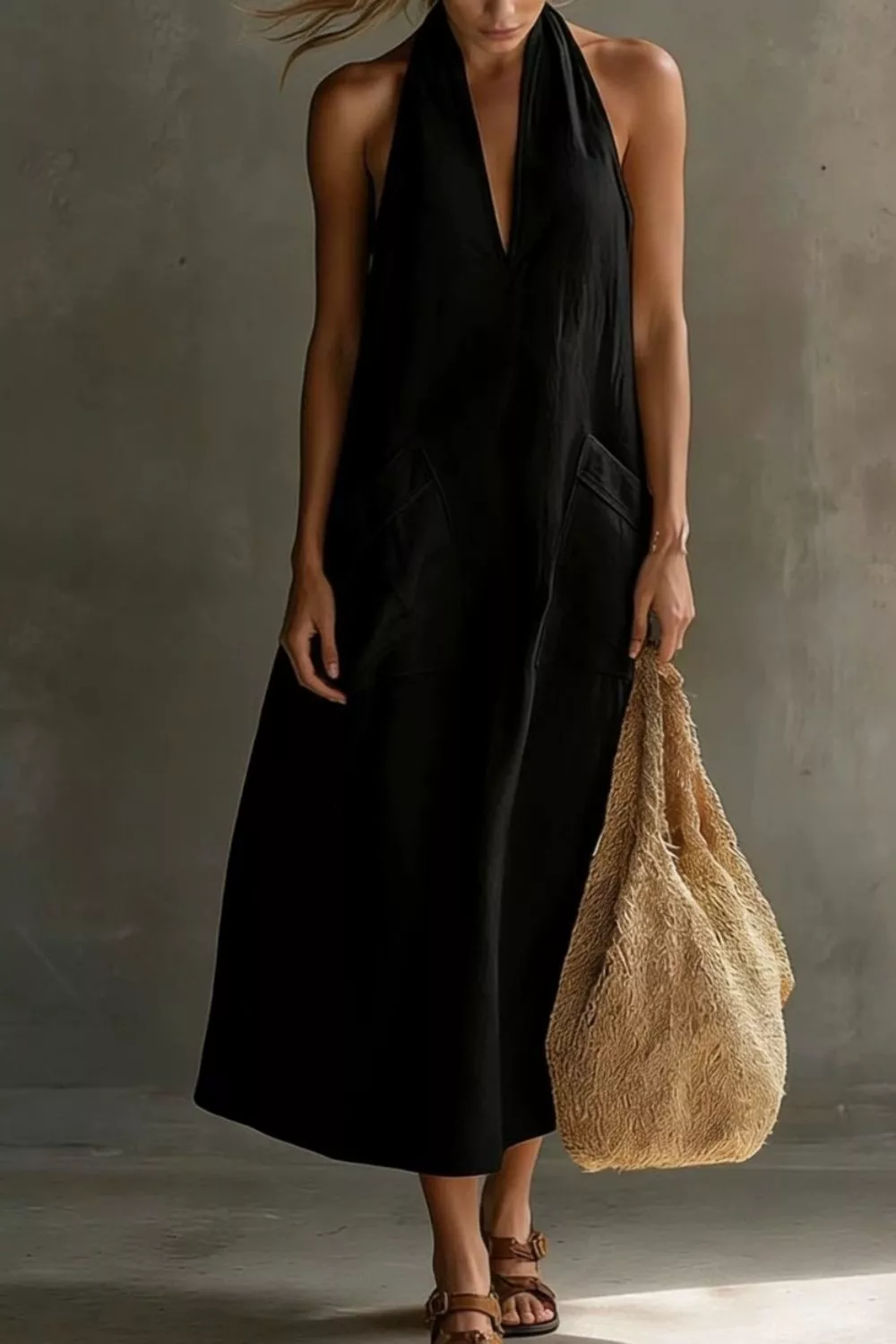 Casual Halter Neck Pocket Midi Dress, image 17