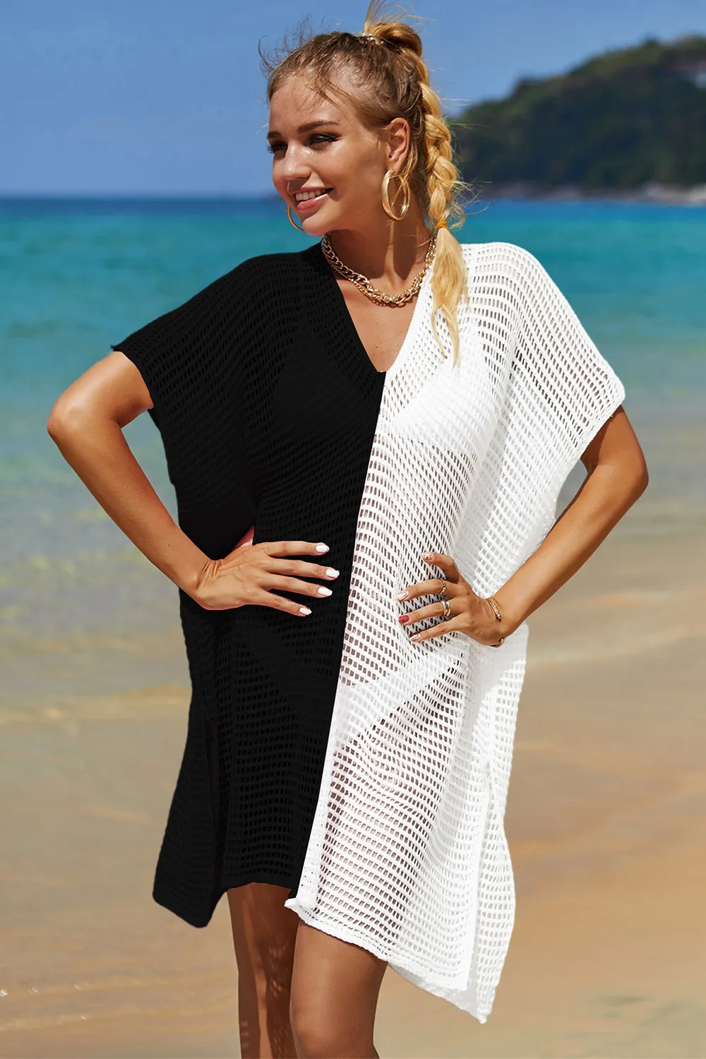 Openwork Contrast Slit Knit Cover Up, image 21