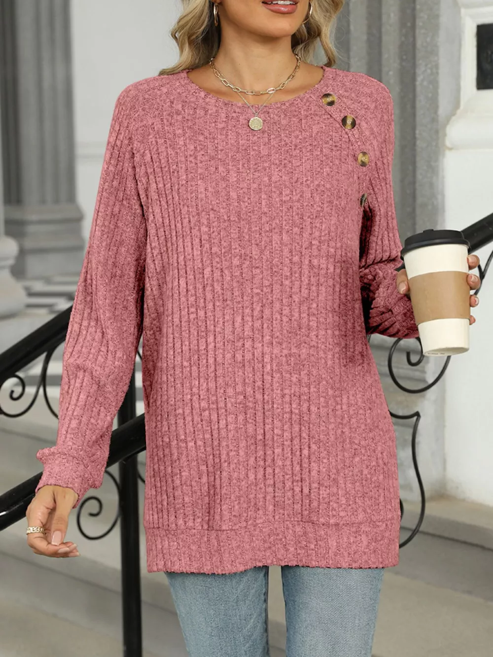 Round Neck Side Slit Ribbed Knit Top with Asymmetric Button Detail, image 28