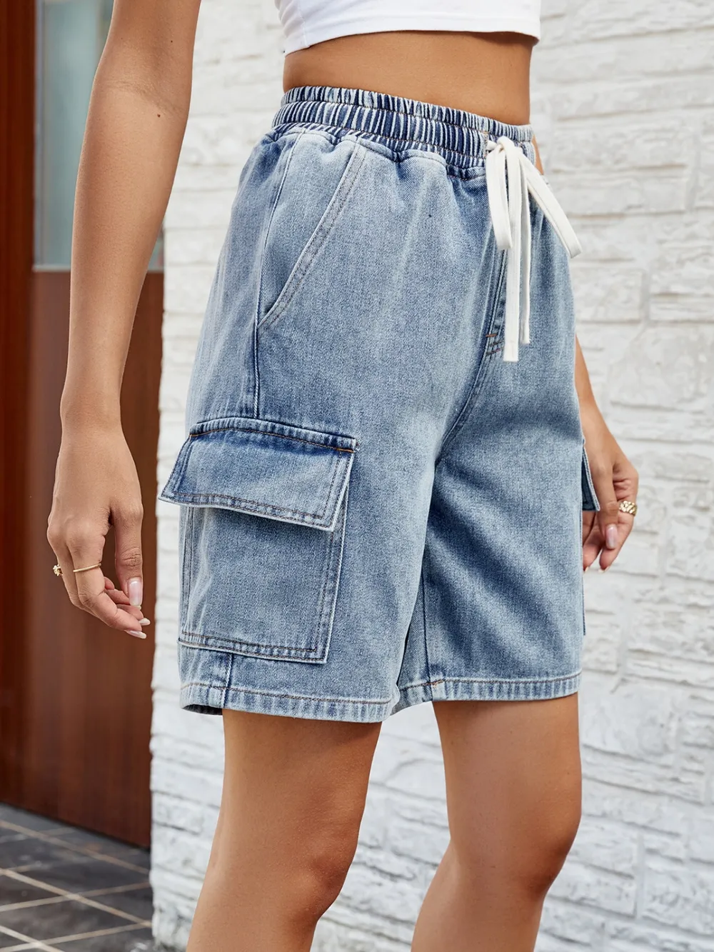 Drawstring Denim Shorts with Pockets, image 6