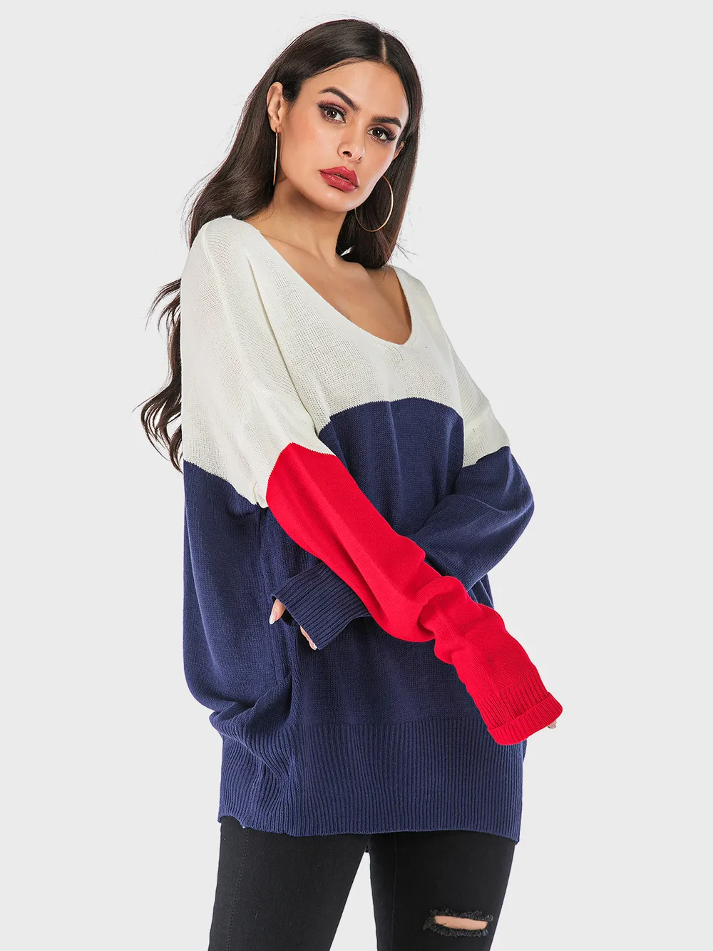 Contrast V-Neck Long Sleeve Knit Top, image 4