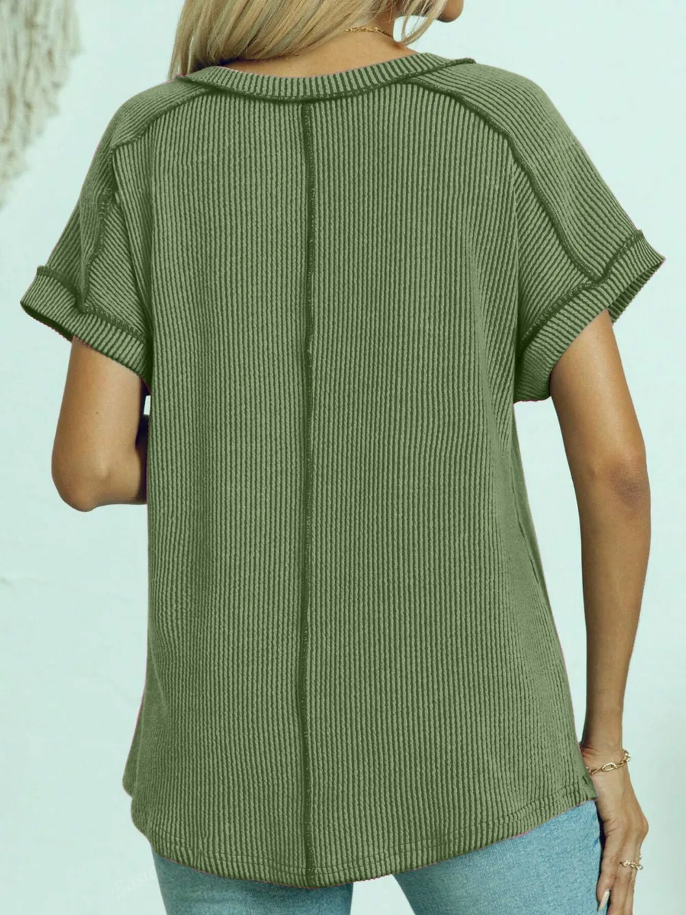 Exposed Seam V-Neck Short Sleeve Top, image 15