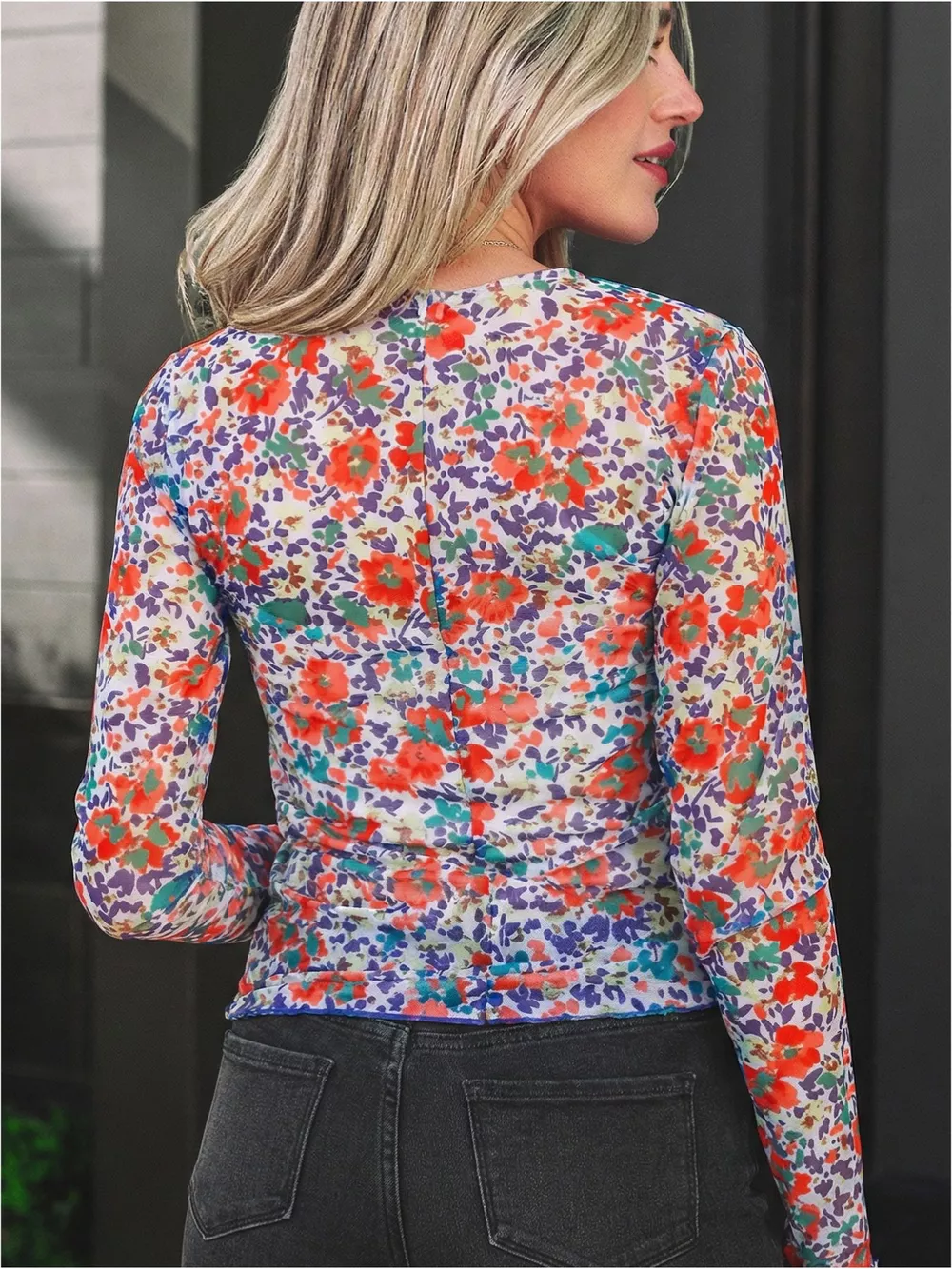 Floral Print Sheer Mesh Long Sleeve Mock Neck Top, image 3