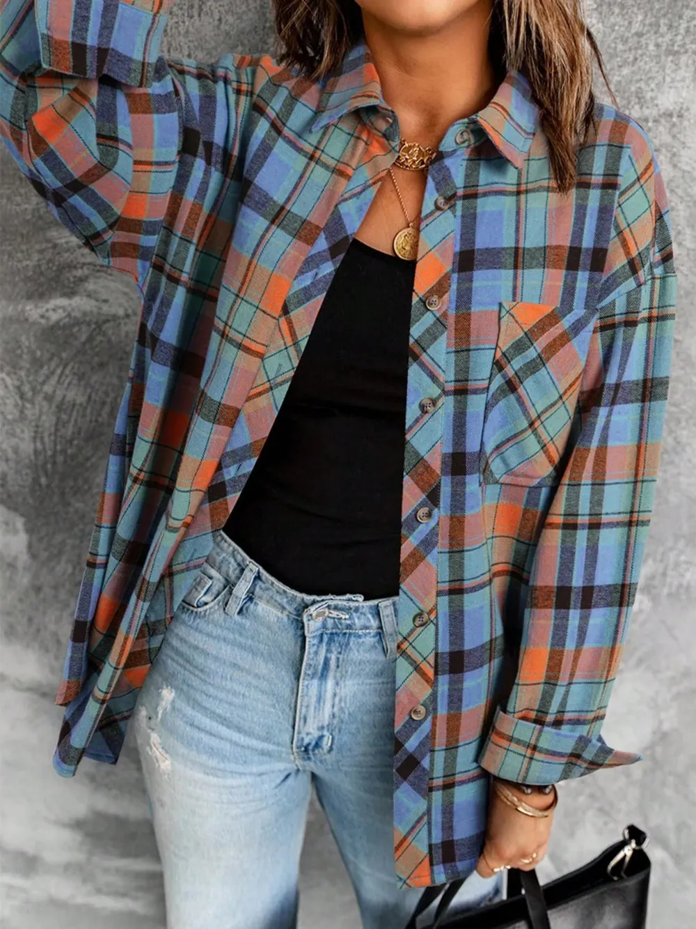 Plaid Collared Neck Long Sleeve Shirt, image 15