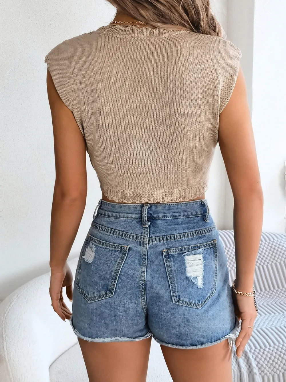 Openwork Round Neck Cap Sleeve Knit Top, image 6