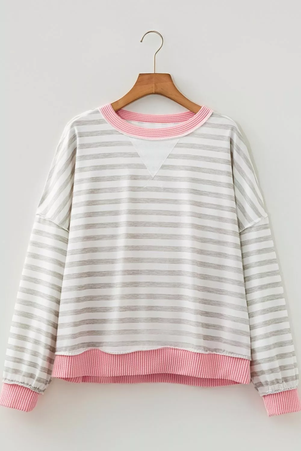Twisted Rib Trim Striped Round Neck Loose Pullover Sweatshirt, image 7