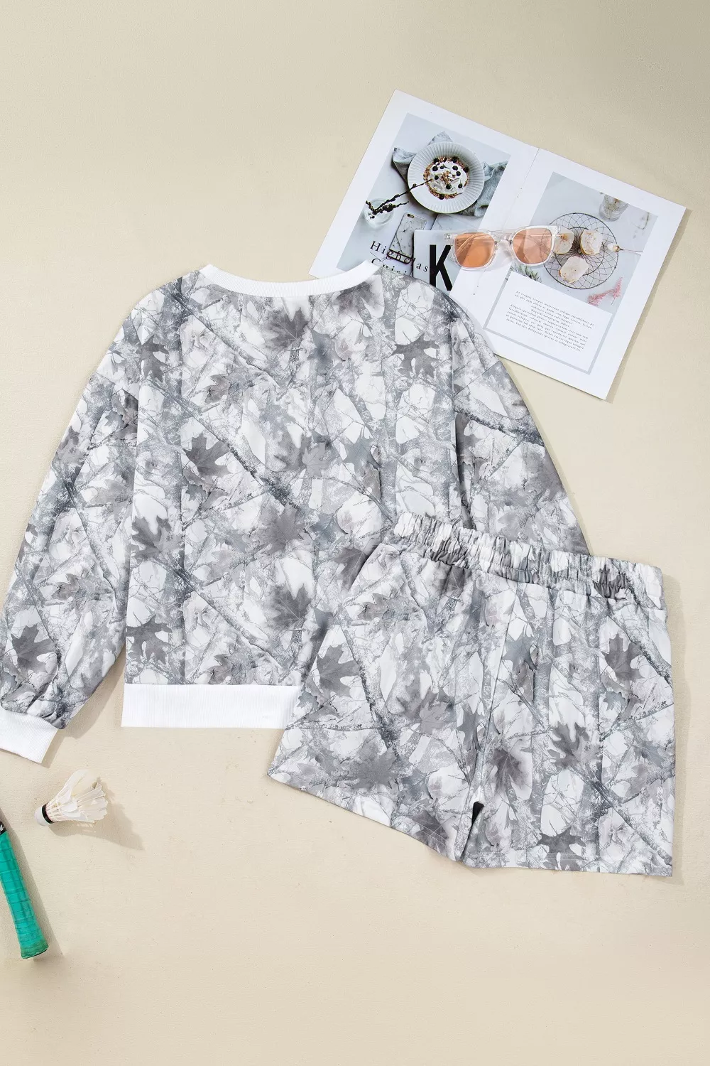Abstract Woodland Camo Print Baggy Pullover Drawstring Shorts Set, image 12