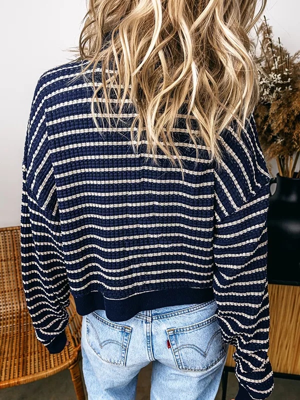 Stripe Textured Knit Half Zip Collared Long Sleeve Top, image 4