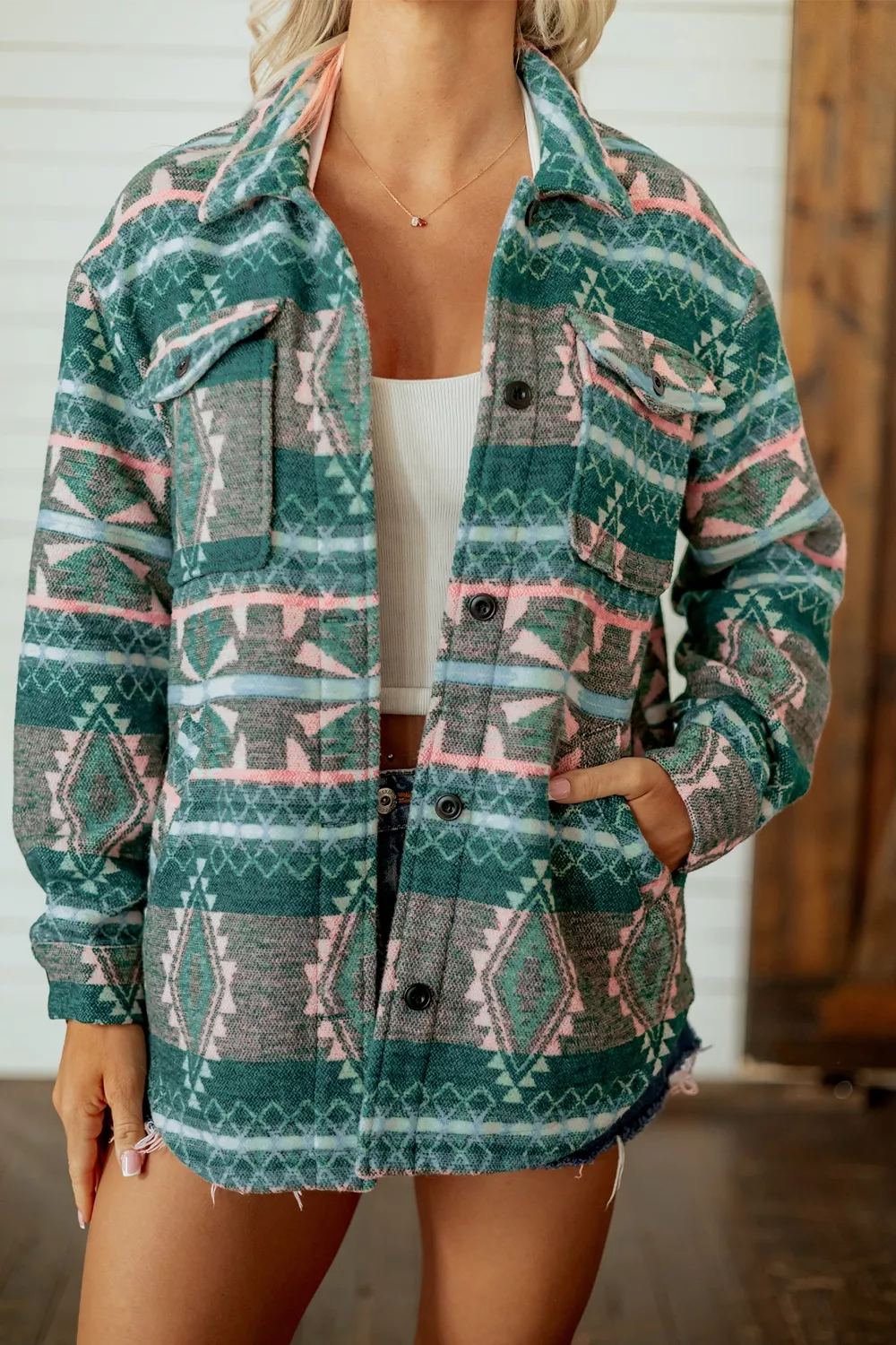 Geometric Print Button Front Long Sleeve Shacket, image 5