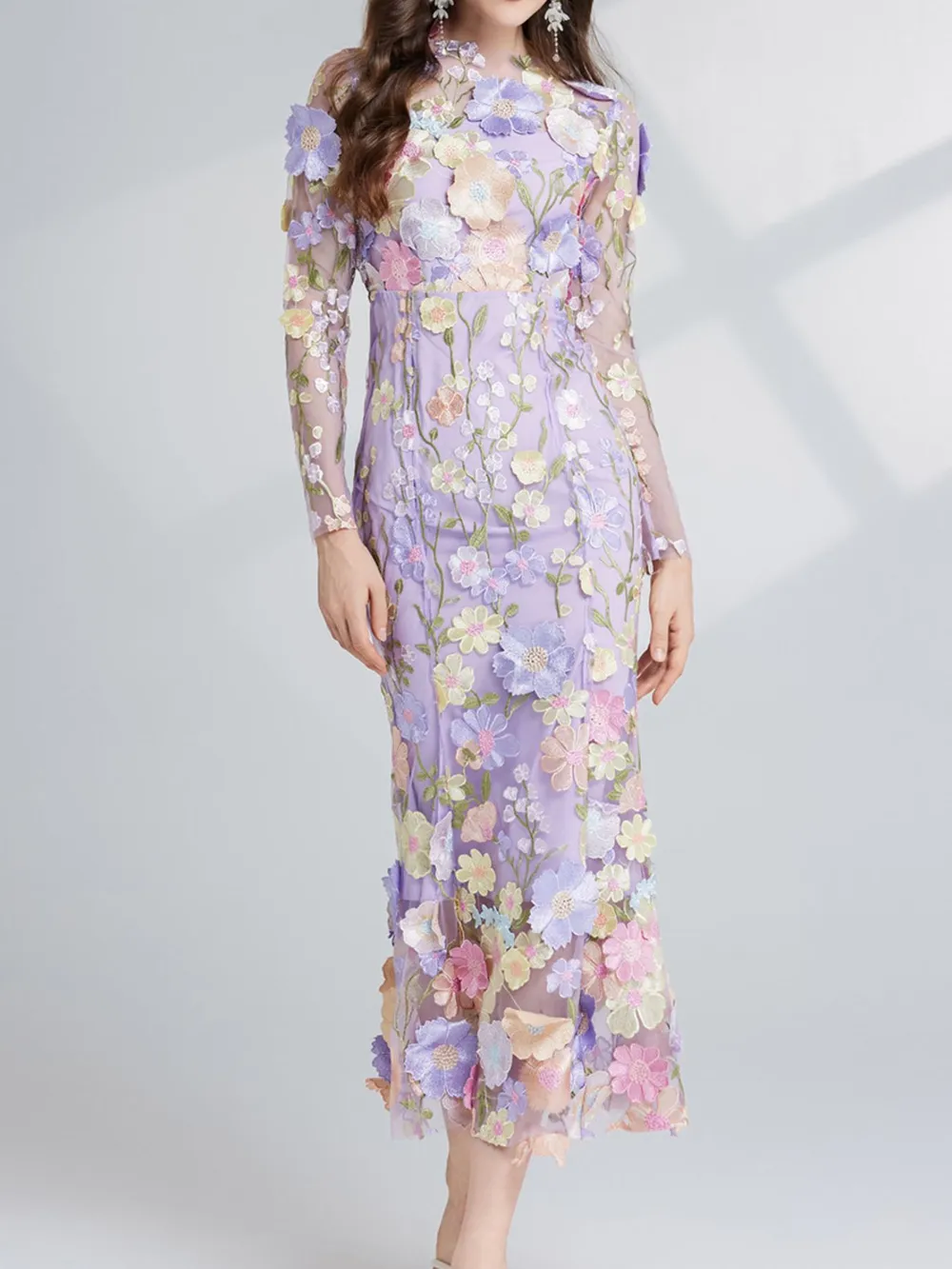 Floral Embroidered Mesh Long Sleeve Midi Dress, image 25