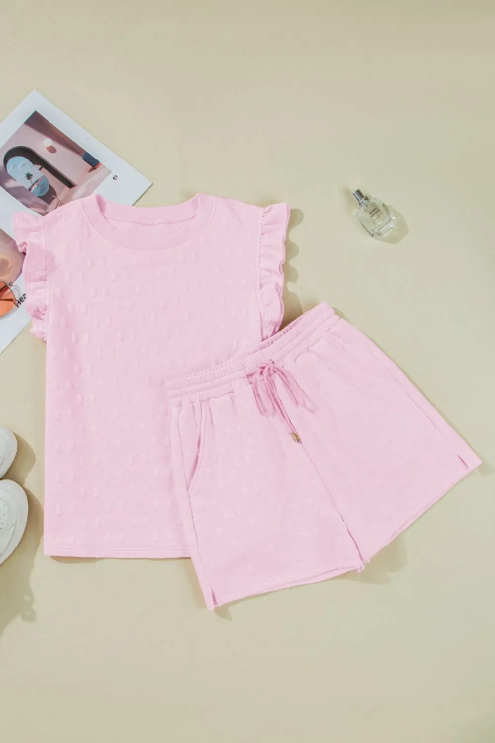 Bow Jacquard Ruffle Cap Sleeve Top and Shorts Set, image 9