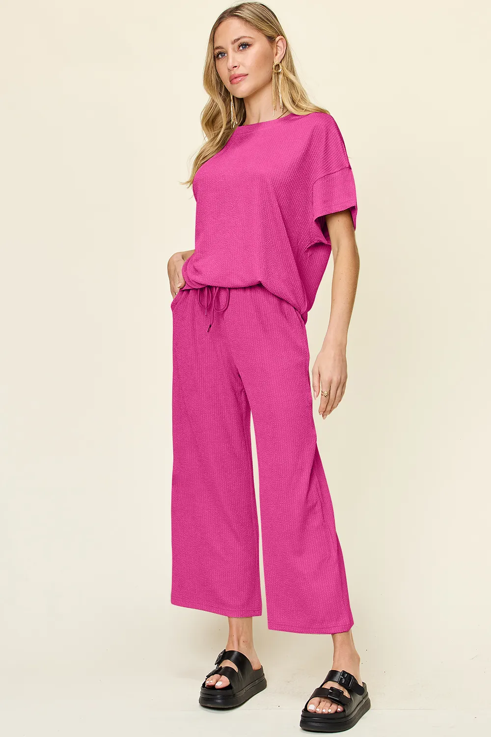 Full Size Texture Round Neck Short Sleeve T-Shirt and Wide Leg Pants, image 28