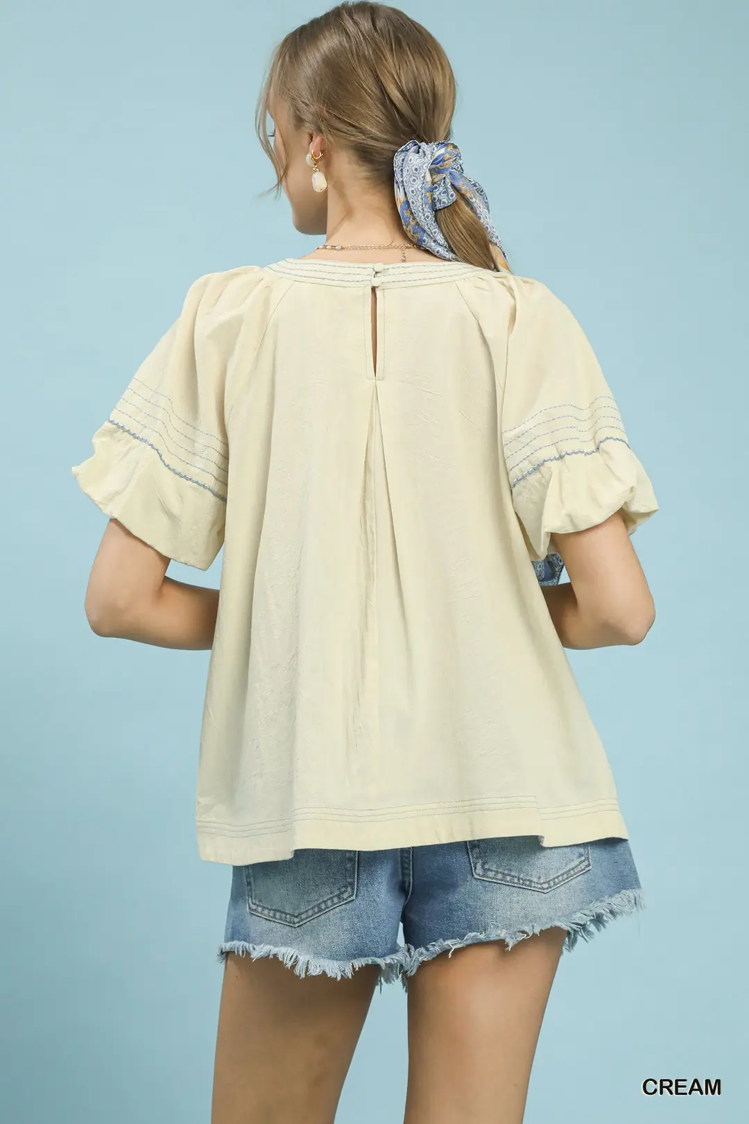 Round Neck Puff Sleeve Top with Contrast Stitch Detail, image 5