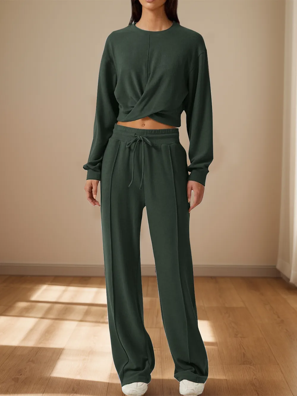 Crisscross Round Neck Top and Drawstring Pants Set, image 8