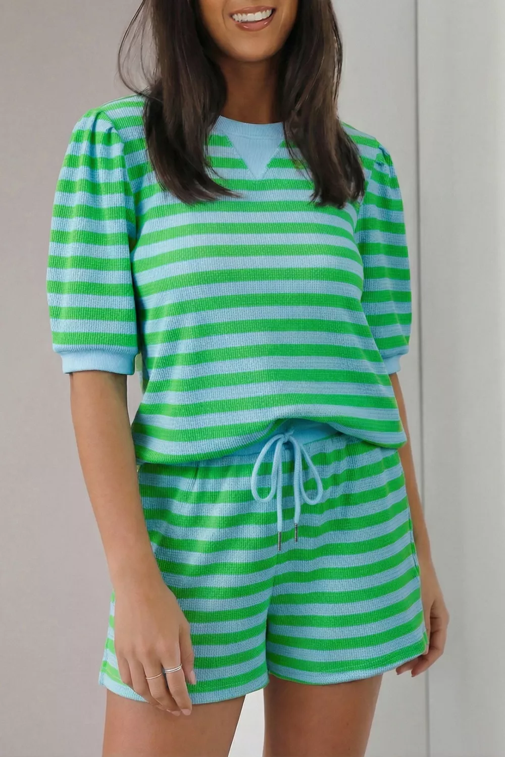 Stripe Colorblock Detail Puff Sleeve Top Drawstring Shorts 2pcs Outfit, image 2