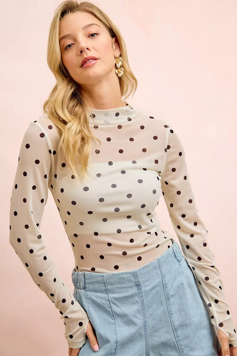 BiBi High Neck Line Polka Dots Mesh Top With Thumb Open, image 10