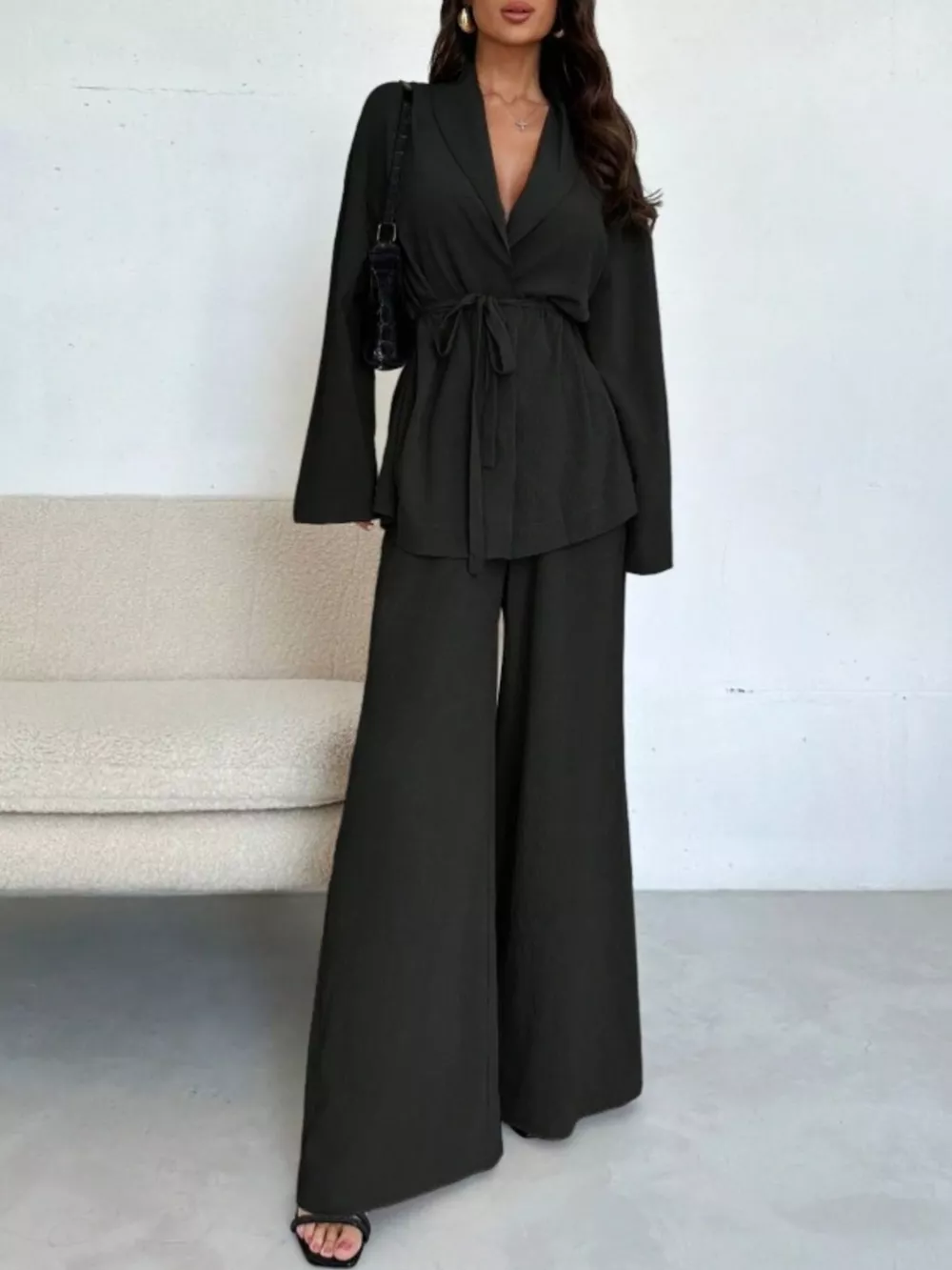 Textured Tie Waist Top and Wide-Leg Pants Set, image 9