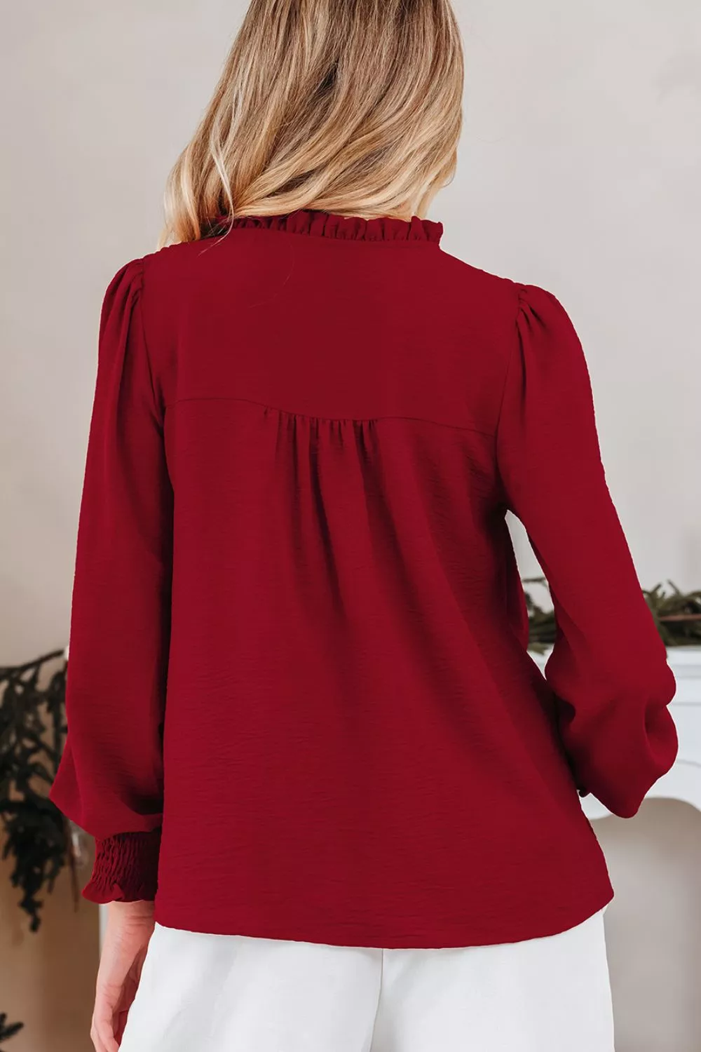 Notched Neck Shirred Cuff Long Sleeve Blouse, image 6
