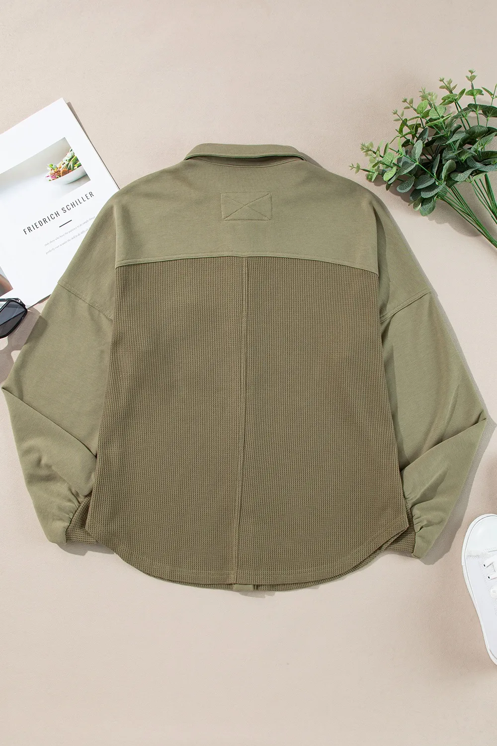 Waffle-Knit Collared Neck Long Sleeve Shacket, image 3