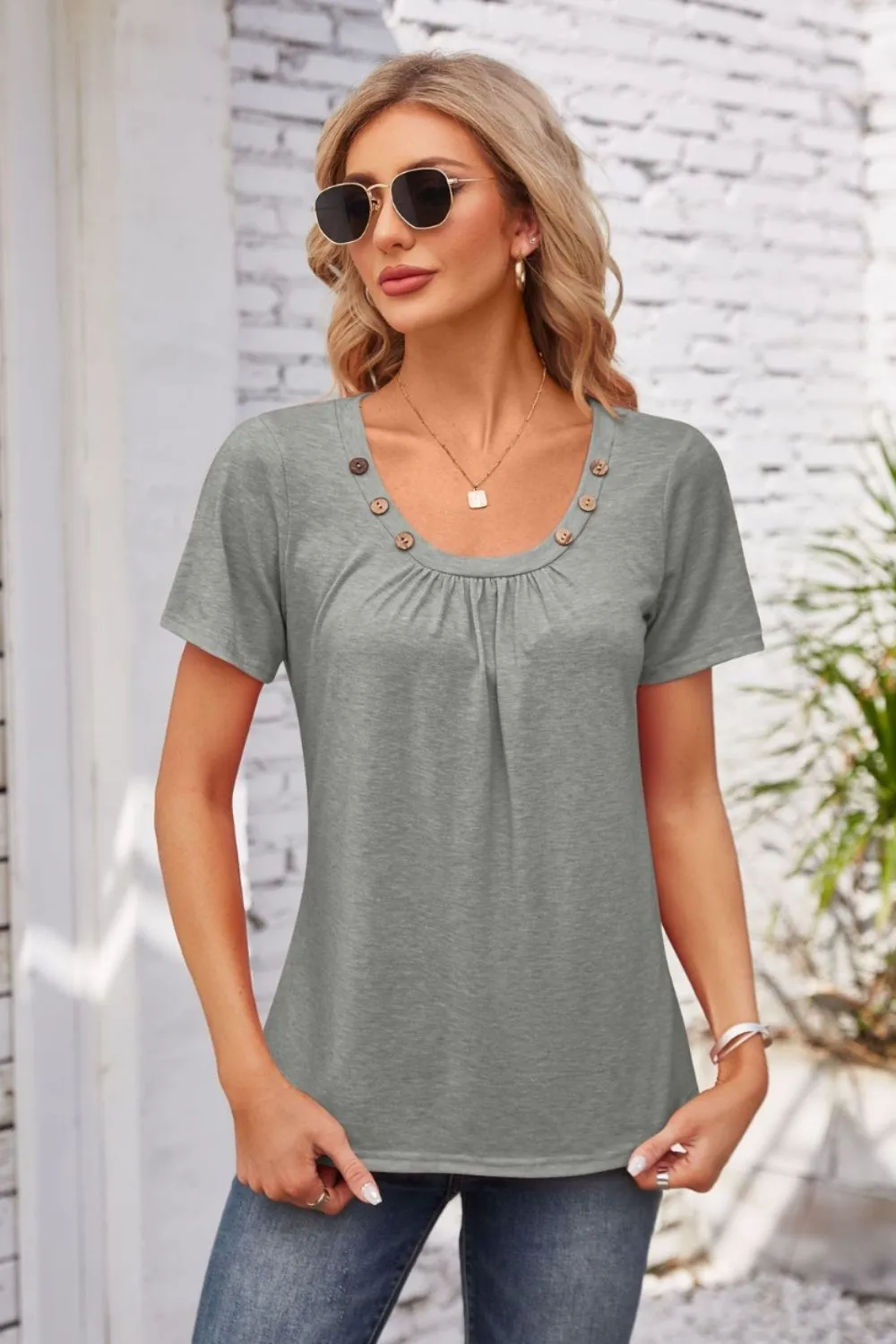 Decorative Button Scoop Neck T-Shirt, image 30