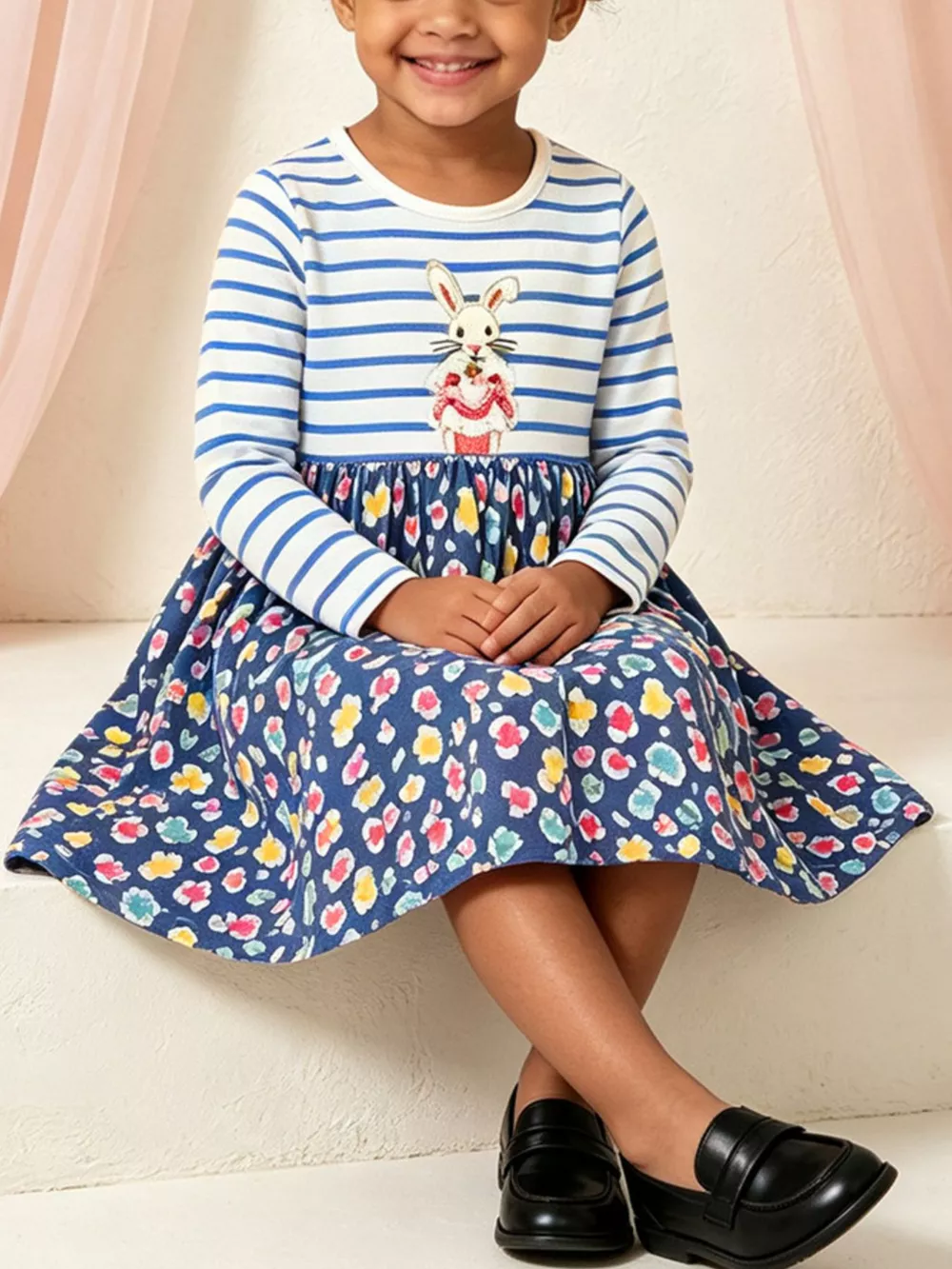 Children's Bunny Graphic Striped Floral Print Dress