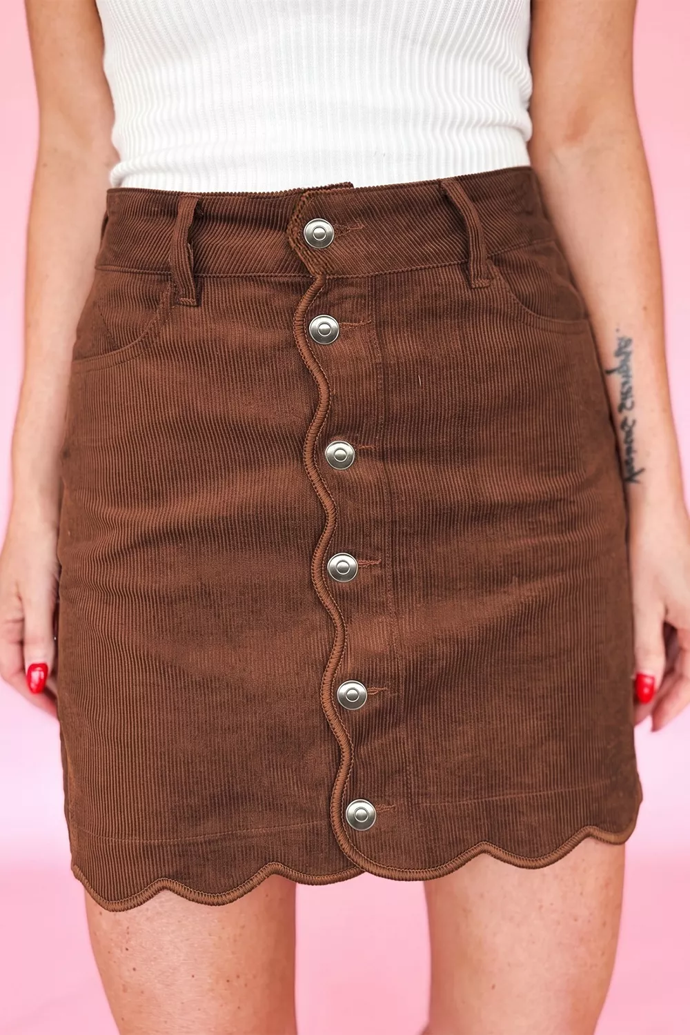 Button Front Corduroy Mini Pockets Sheath Silhouette Skirt, image 3