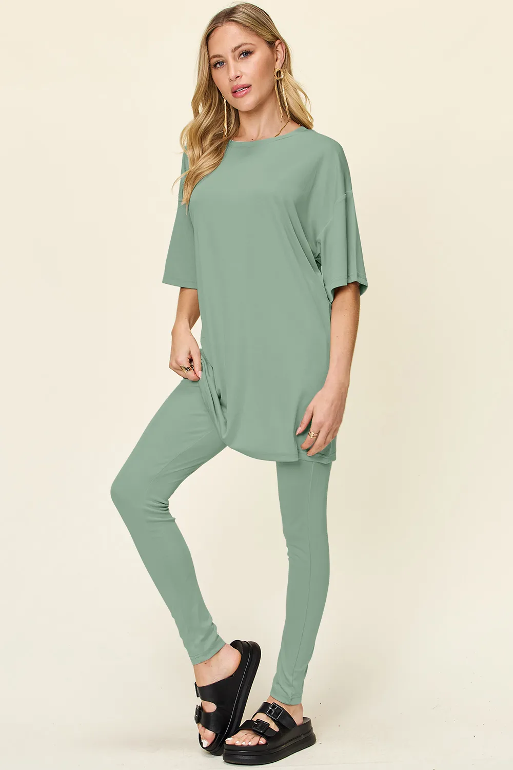 Full Size Round Neck Dropped Shoulder T-Shirt and Leggings Set, image 16