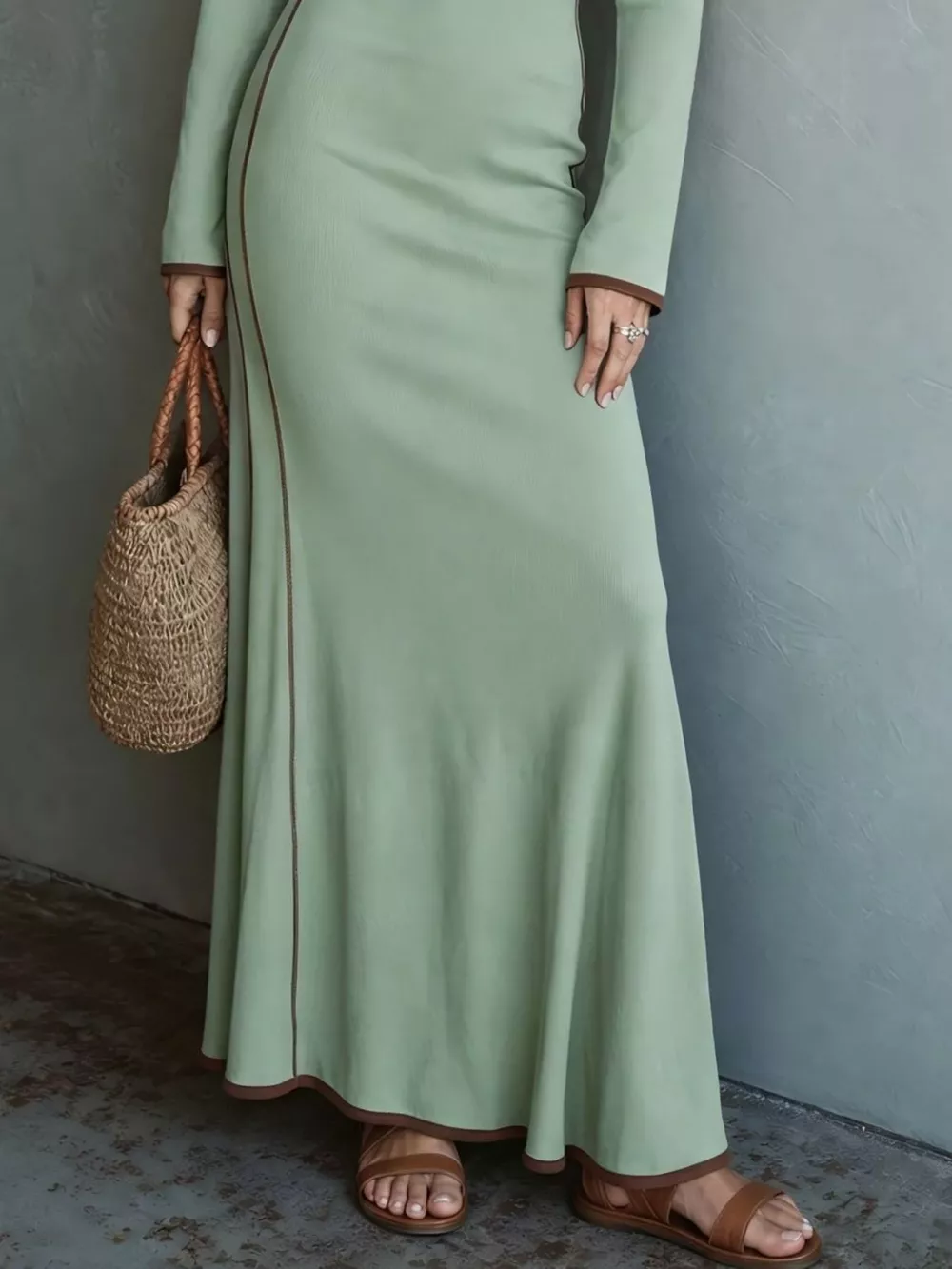 Full Size Contrast Trim Zip-Up Long Sleeve Knit Maxi Dress Plus Size, image 10
