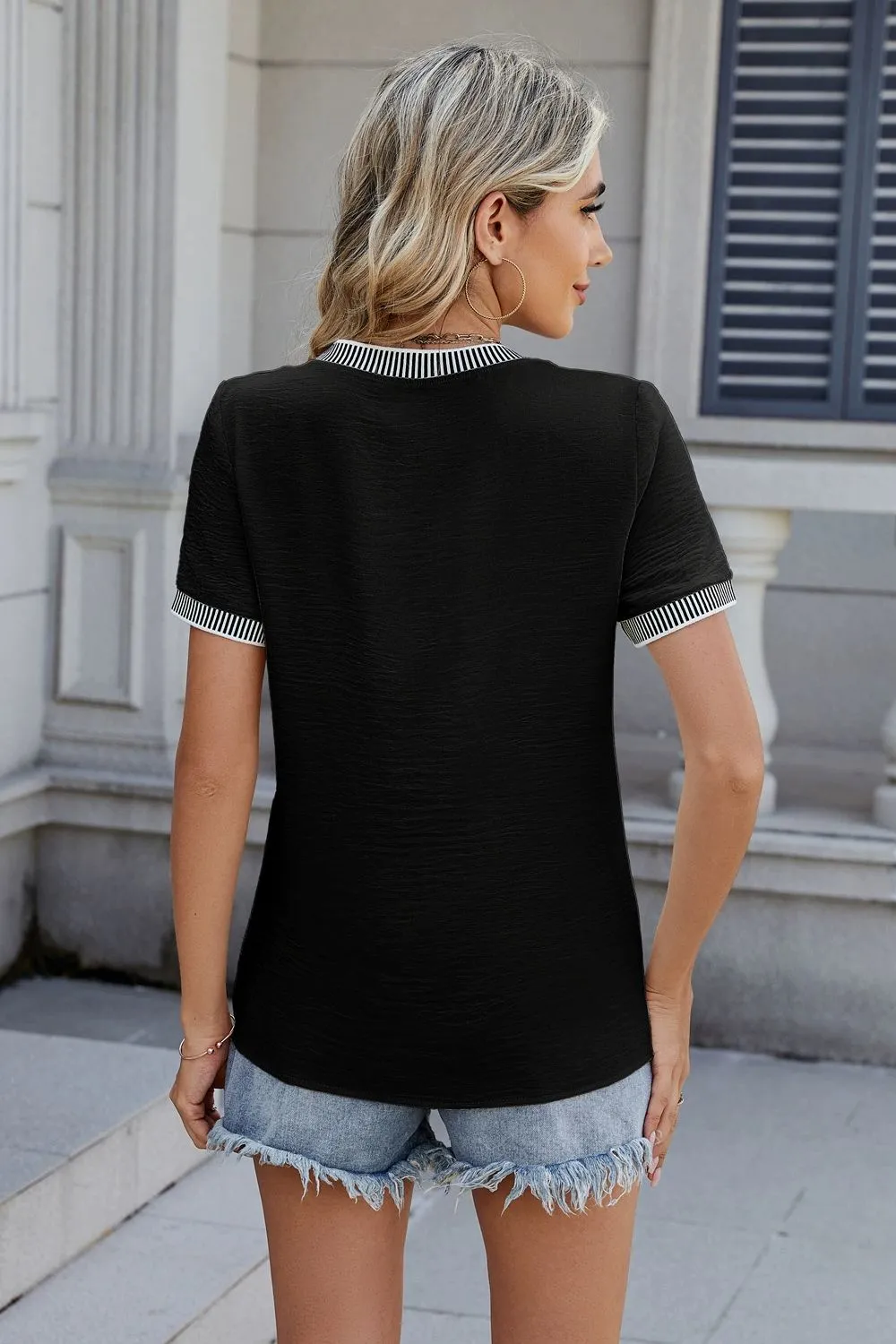 Contrast Trim Round Neck Short Sleeve T-Shirt, image 3