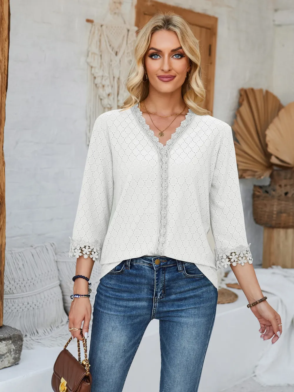 Lace Detail V-Neck Three-Quarter Sleeve Blouse, image 10