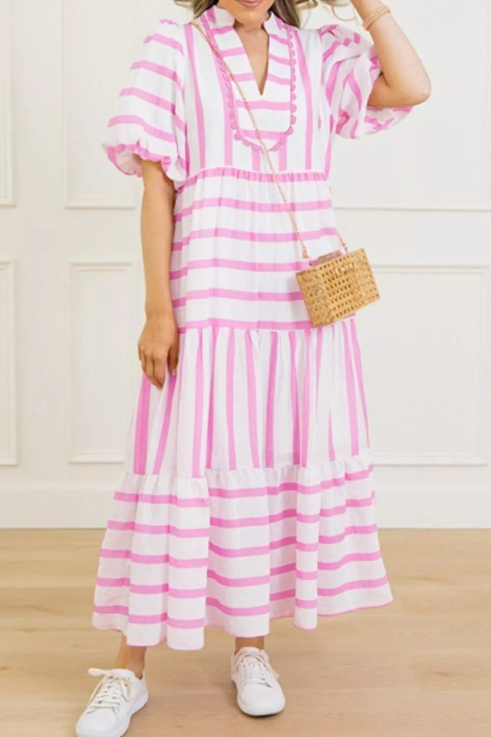 Stripe Ricrac Trim Notched Neck Half Sleeve Dress, image 2
