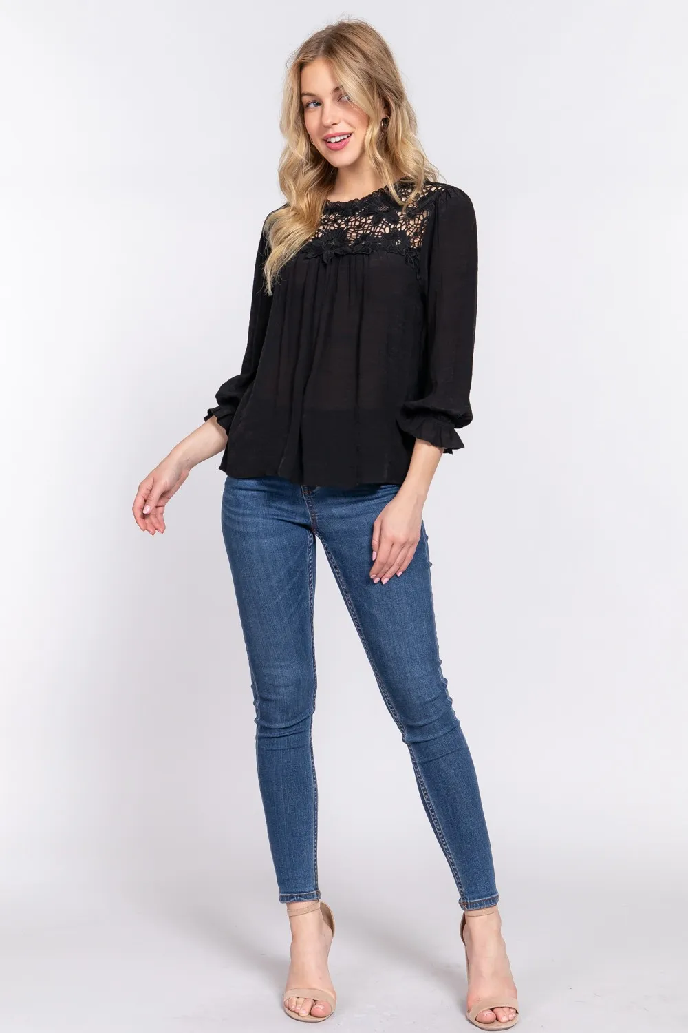 Crochet Lace Panel Flounce Sleeve Blouse, image 3