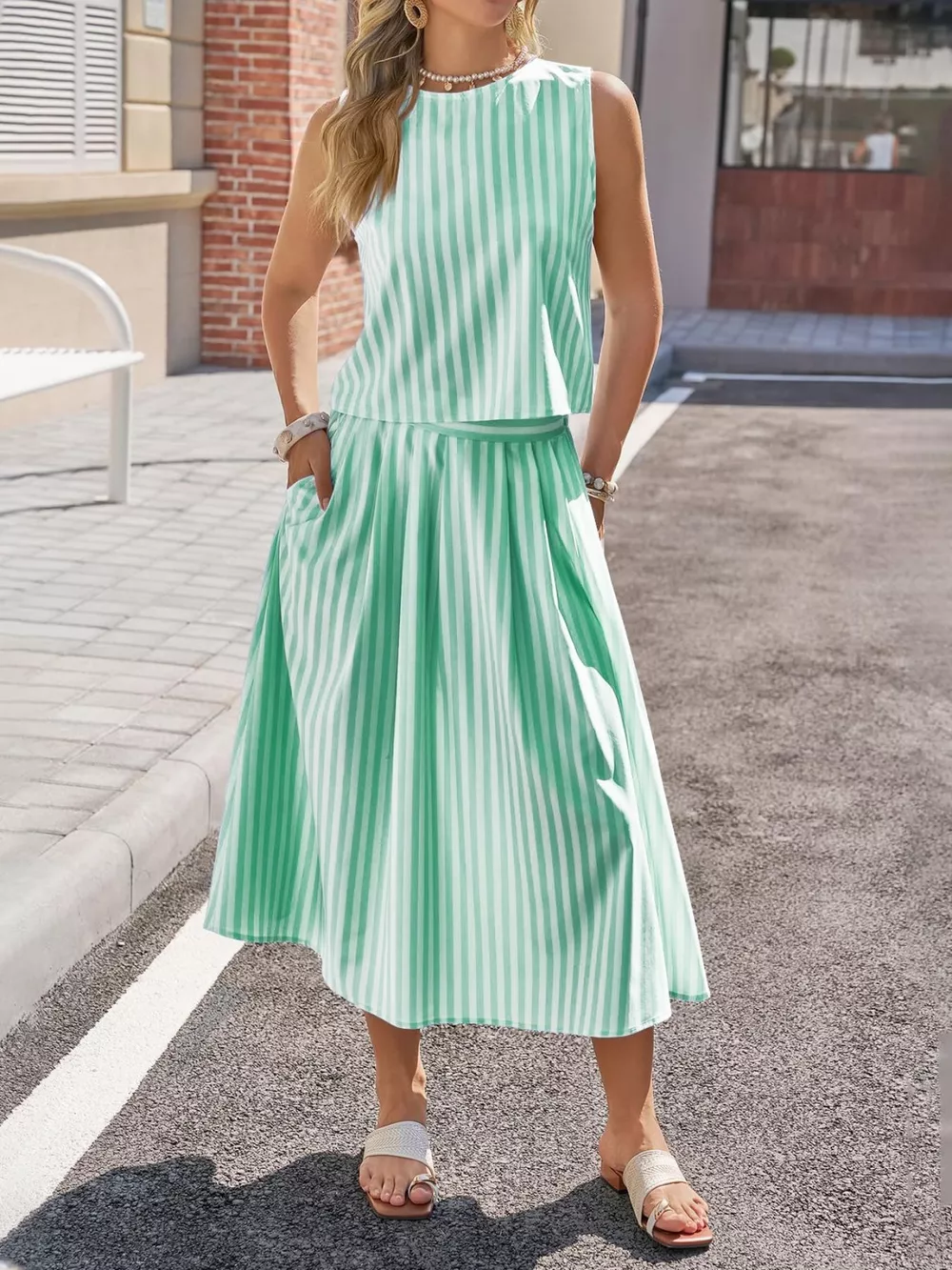 Striped Sleeveless Top and Midi Skirt Set, image 7