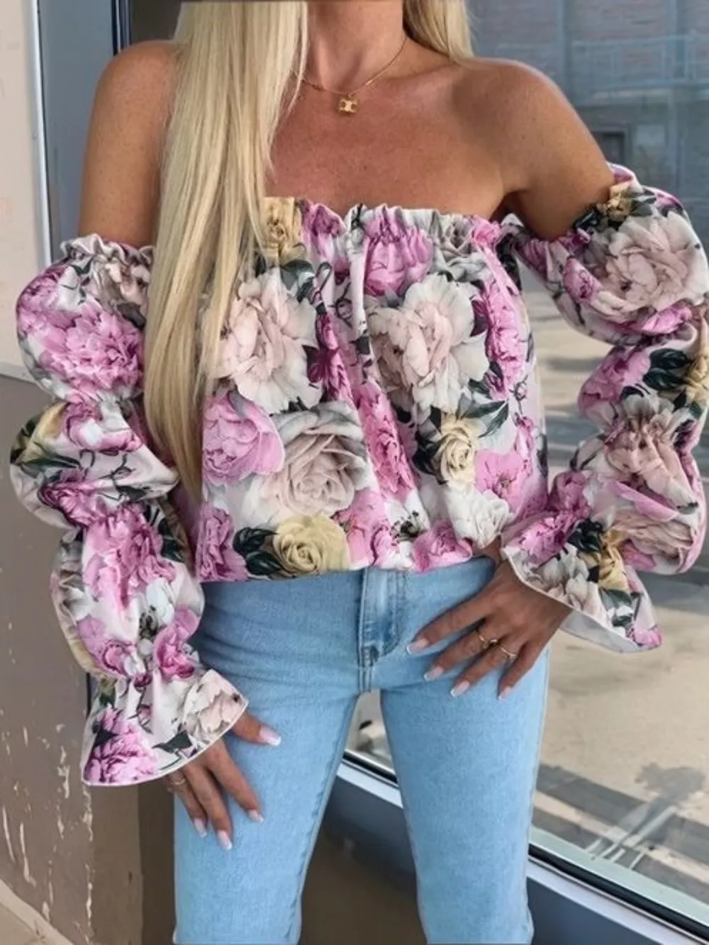 Printed Off-Shoulder Flounce Sleeve Blouse, image 8