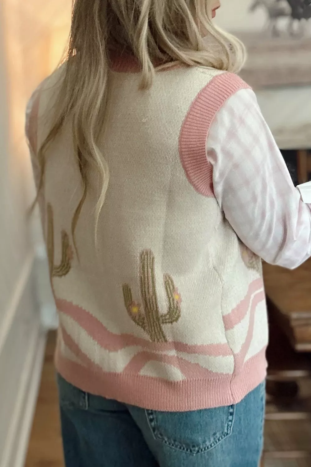 Color Block Trim Button Front Cactus Pattern Western Sweater Vest, image 5