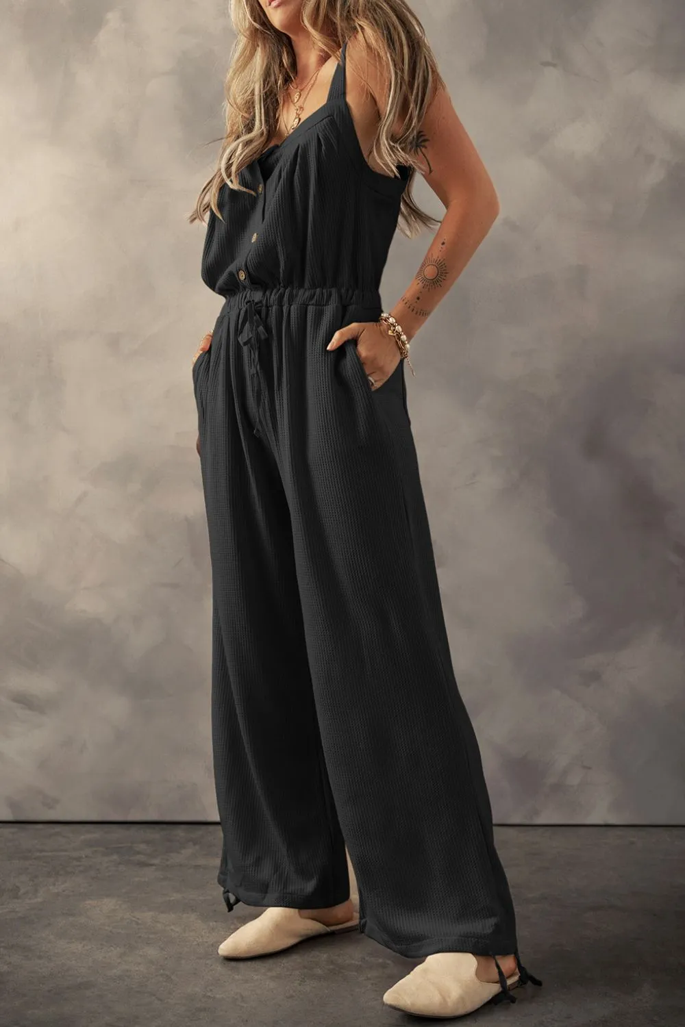 Knotted Straps Button Textured Drawstring Jumpsuit, image 16