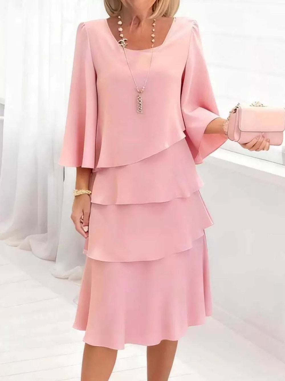 Full Size Ruffled Layered 3/4 Sleeve Dress Plus Size, image 10
