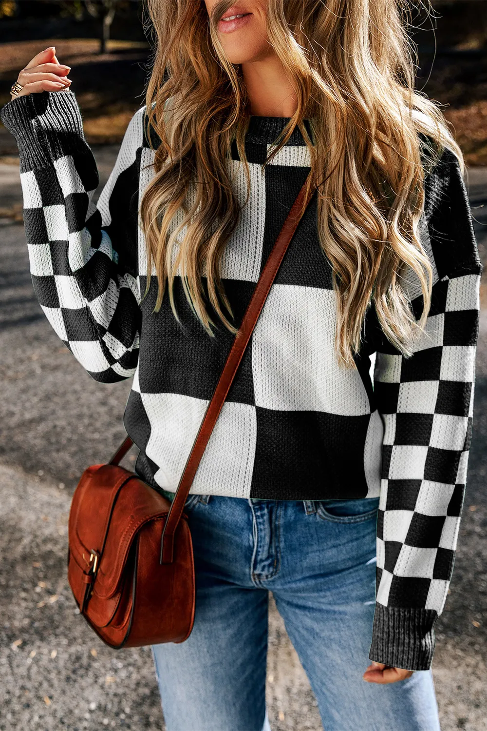 Checkered Round Neck Drop Shoulder Sweater, image 22