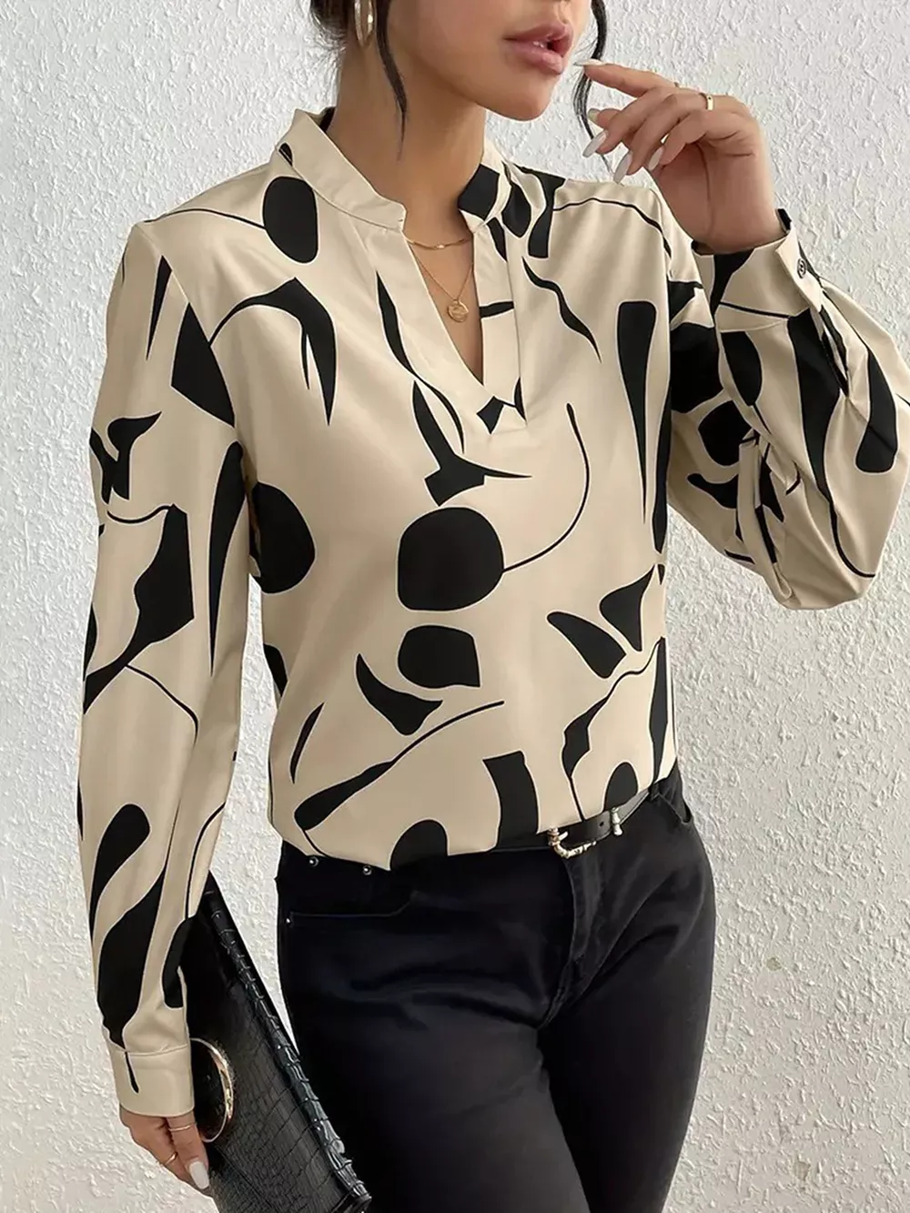 Abstract Print Notched Long Sleeve Blouse, image 3