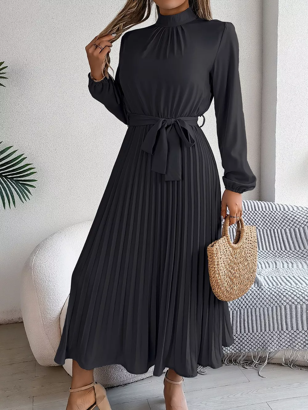 Mock Neck Pleated Midi Dress, image 23