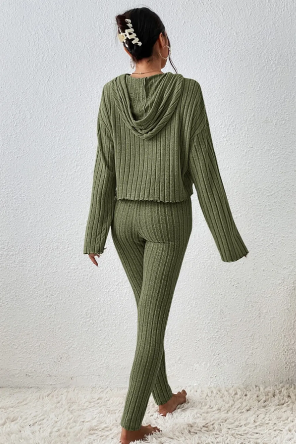 Lettuce Hem Dropped Shoulder Hooded Top and Pants Set, image 2