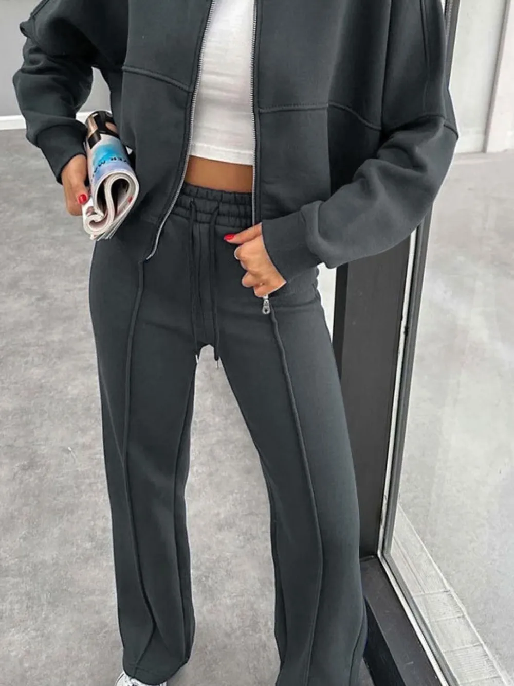 Baseball Collar Zip Up Outerwear and Drawstring Pants Set, image 27
