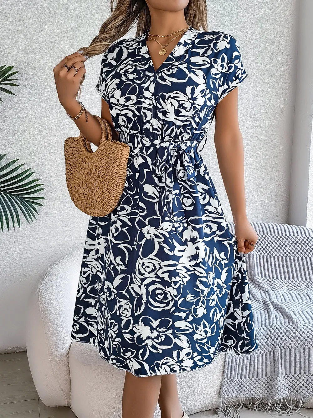 Printed V-Neck Short Sleeve Dress, image 15