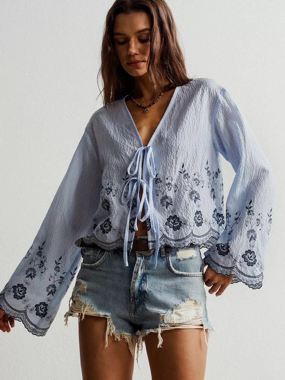 Floral Embroidered Tie-Front Blouse, image 10