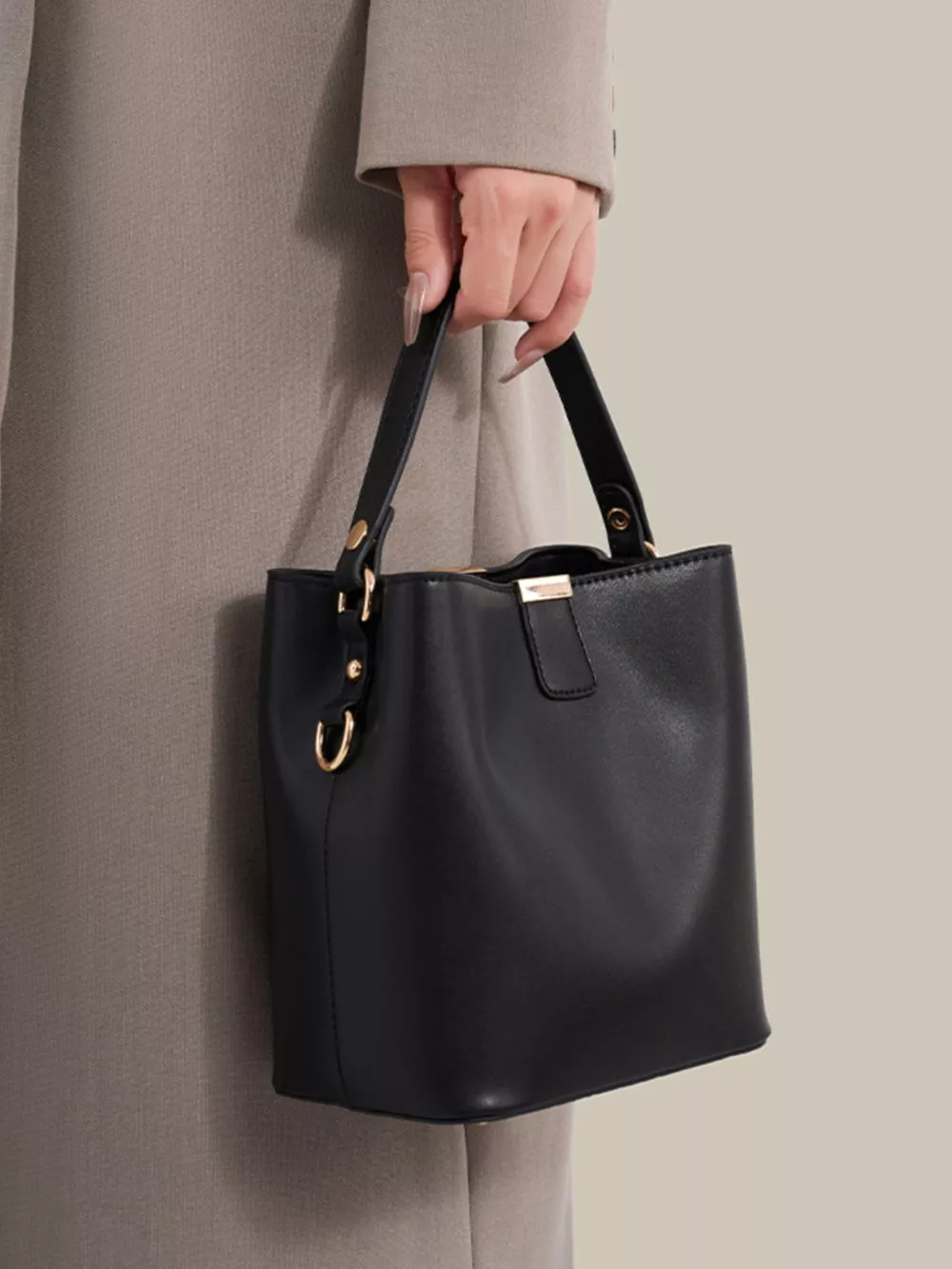 PU Leather Bucket Crossbody Bag with Gold-Tone Hardware, image 3