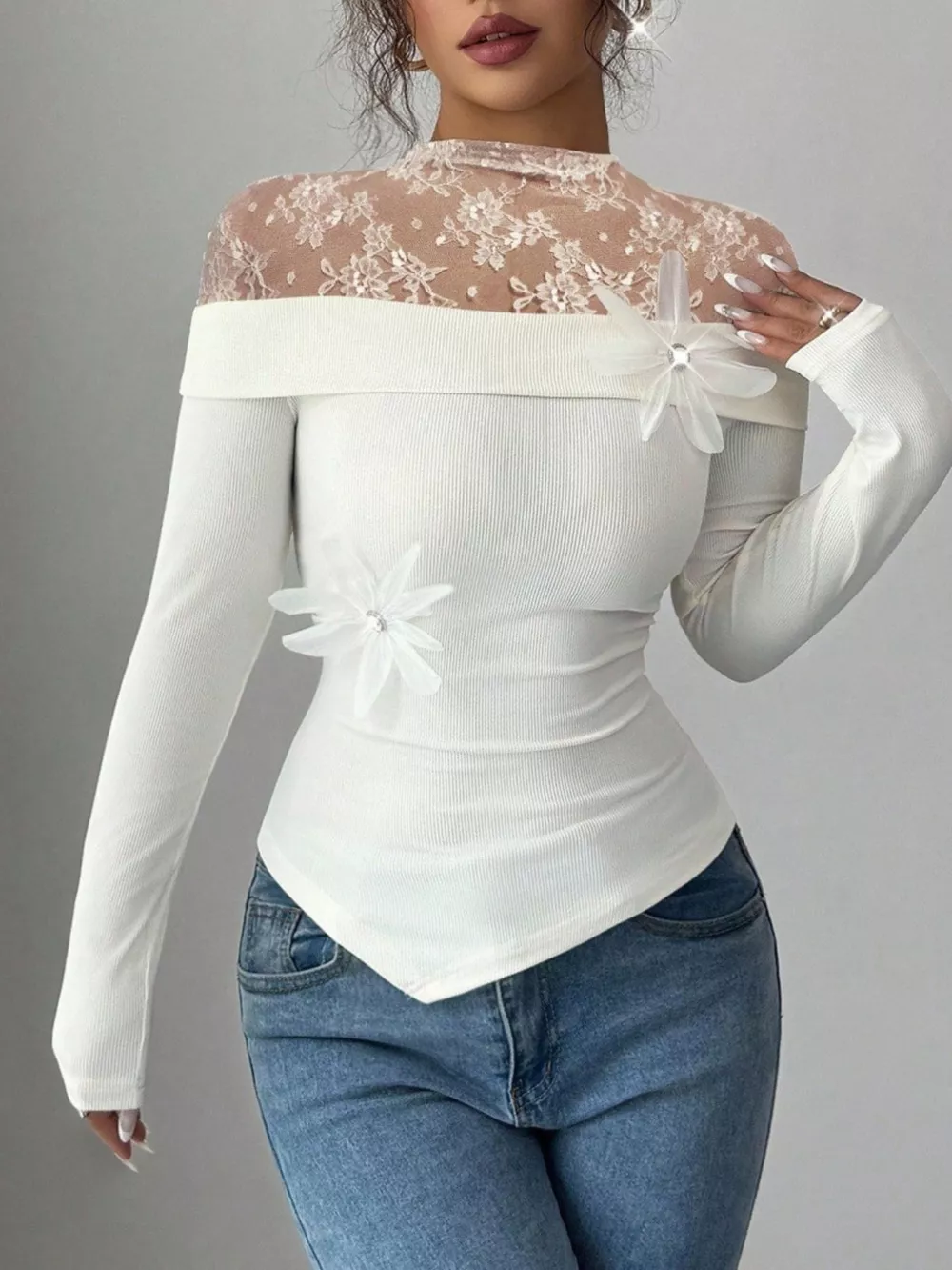 Lace Detail Long Sleeve Top, image 5
