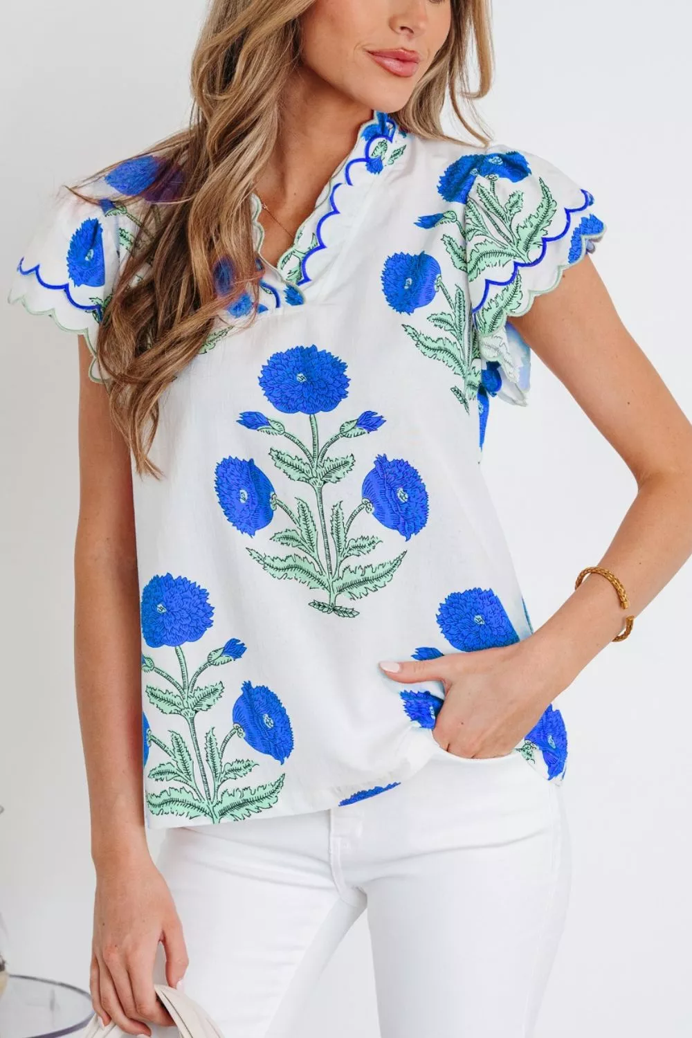 Contrast Scallop Trim Layered Short Sleeve V Neck Blouse, image 16