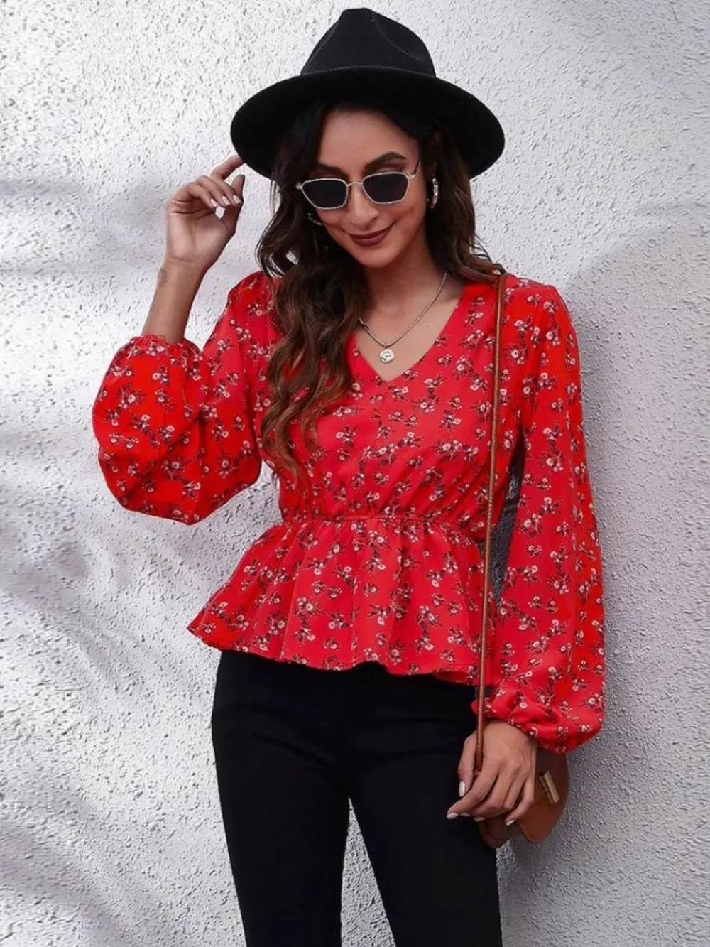 Ruched Printed V-Neck Long Sleeve Blouse, image 32