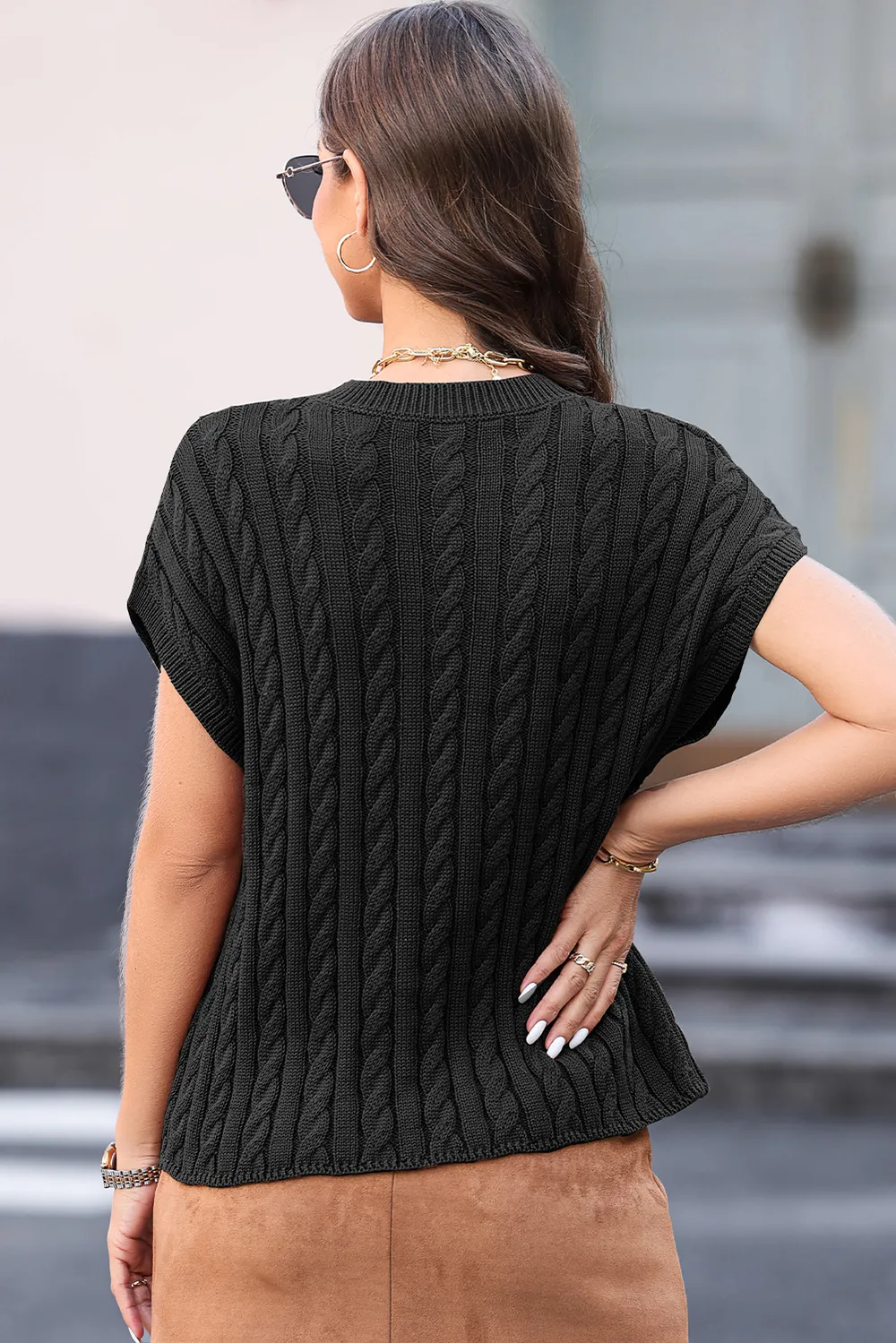 Cable-Knit Round Neck Cap Sleeve Sweater, image 11